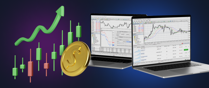 Laptops displaying critical data alongside currency coins and candlestick charts, the hallmark of the best Forex broker.