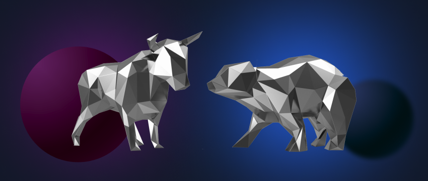 A silver bull and bear symbolize the market dynamics in the journey of learning forex trading