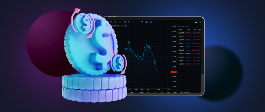 A tablet displaying live forex data with a stack of dollar-sign-adorned coins in front.