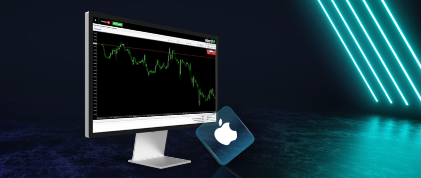 A Mac computer elegantly displaying MT4 forex data with the iconic Apple logo beside it."