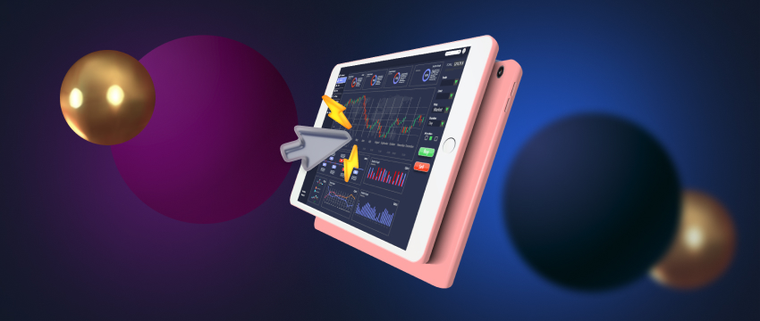 A tablet displaying live forex data with a directional arrow indicator for comprehensive analysis.