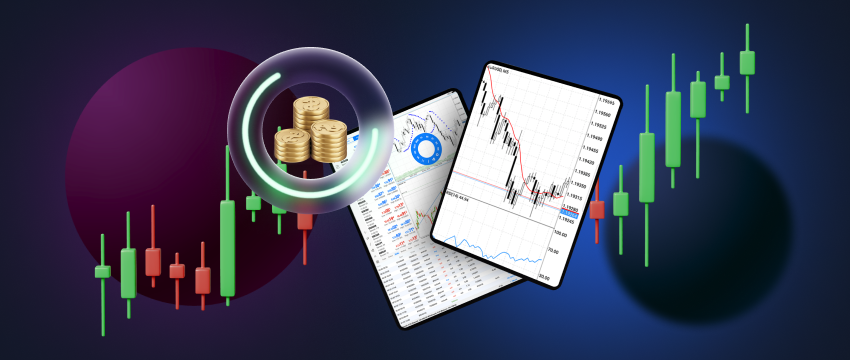 Two tablets showcasing candlestick charts in the background, illustrating the principles of fundamental analysis.