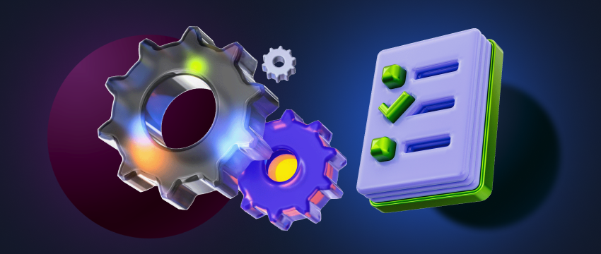 Two gear wheels adjacent to a checklist symbolize the mechanical precision and organization involved in a trading plan