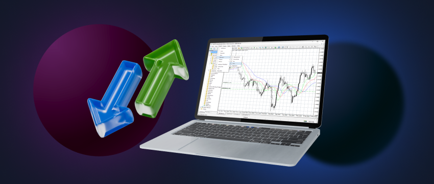 A laptop screen displays a graph with up and down arrows, indicating price fluctuations