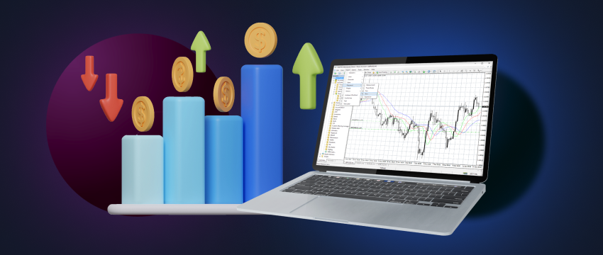 A laptop displaying trading reports and a chart, with gold coins nearby.