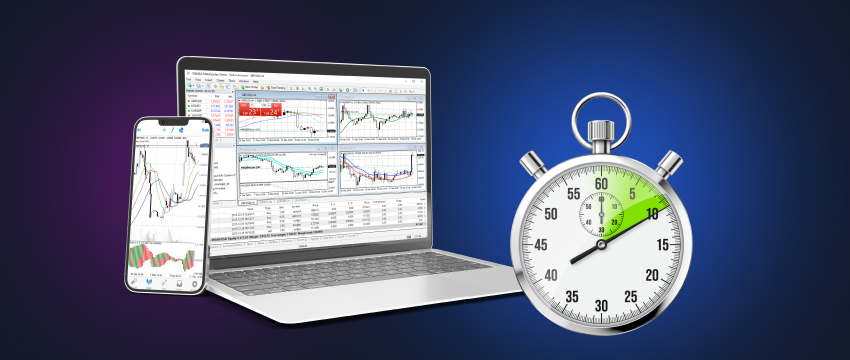 Mobile and laptop displaying financial instruments, beside a clock