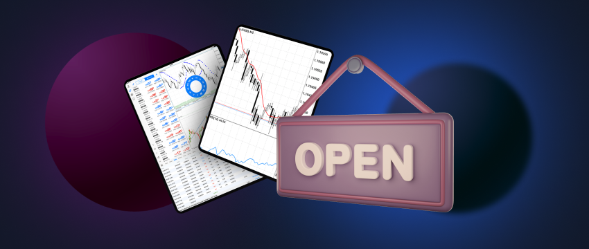 Financial data visualization on a tablet screen with an 'open' sign.