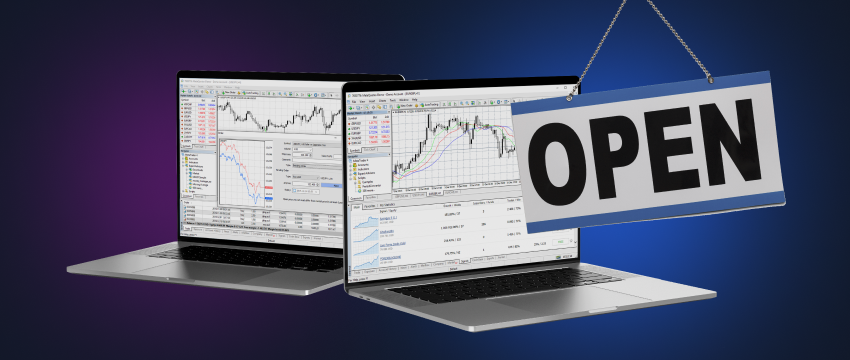 Financial data visualization on a laptop screen with an 'open' sign.