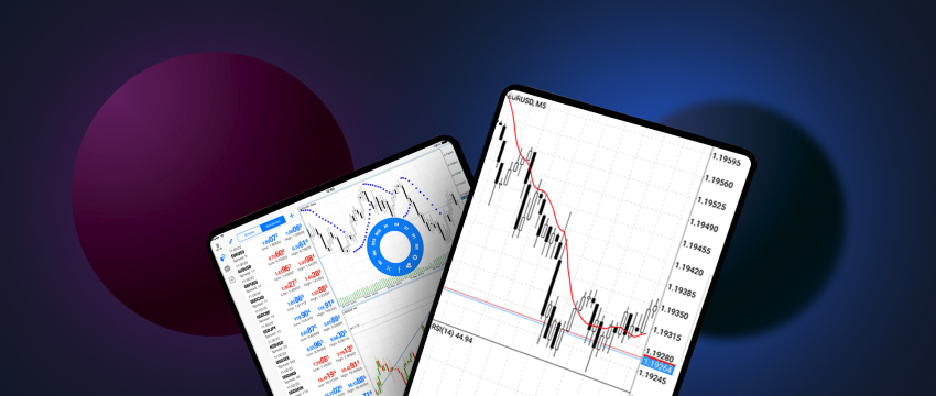 Two tablets simultaneously running MetaTrader 4, offering a synchronized trading experience.