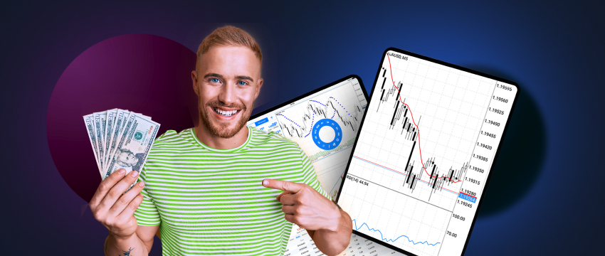 Man holding money pointing at chart, symbolizing financial success.