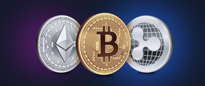 A variety of digital currency coins, including Bitcoin, Ethereum, Litecoin, and Dogecoin, are displayed on a blue background. The coins are arranged in a circle, with the Bitcoin logo in the center