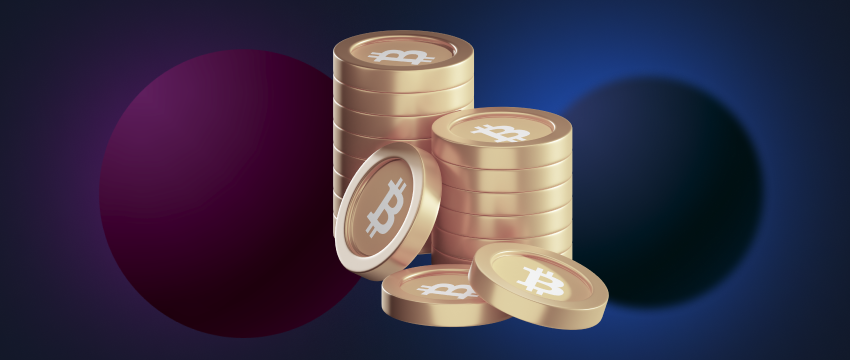 A stack of digital currency coins sits next to a purple sphere. The BTC coins are various sizes, colors, and materials. The sphere is smooth and reflective.