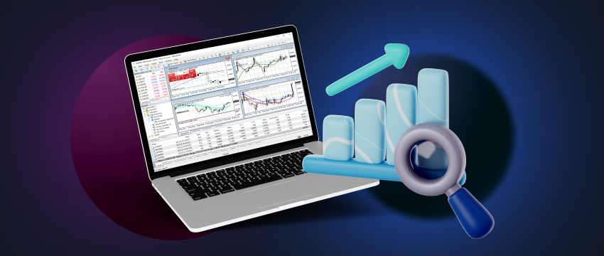 A laptop with forex chart analysis with MT4 and economic calendar events.