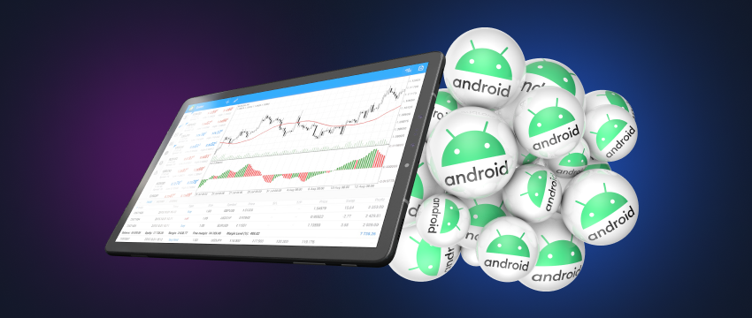 Ecrã de tablet Android que apresenta a plataforma MT4 e dados forex