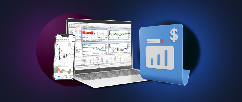 A laptop computer and a smartphone are sitting on a desk, with a financial chart displayed on the laptop screen.