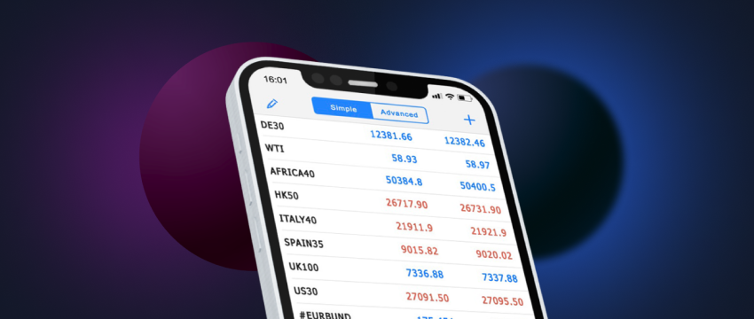 Capture d'écran de l'application mobile Metatrader 4 sur iPhone, montrant l'interface de trading sur le marché des changes.