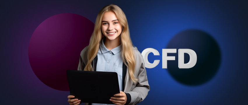 A professional woman holding a laptop with the words "CFD" in front of it, indicating her involvement in CFD trading.