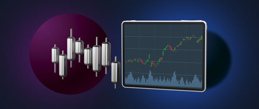 A tablet displaying a chart with a candle on top, representing an online trading platform.