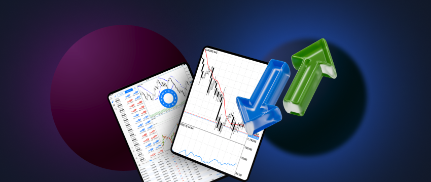 Tablet displaying MT4 CFD trading platform with candlestick charts and trading interface.