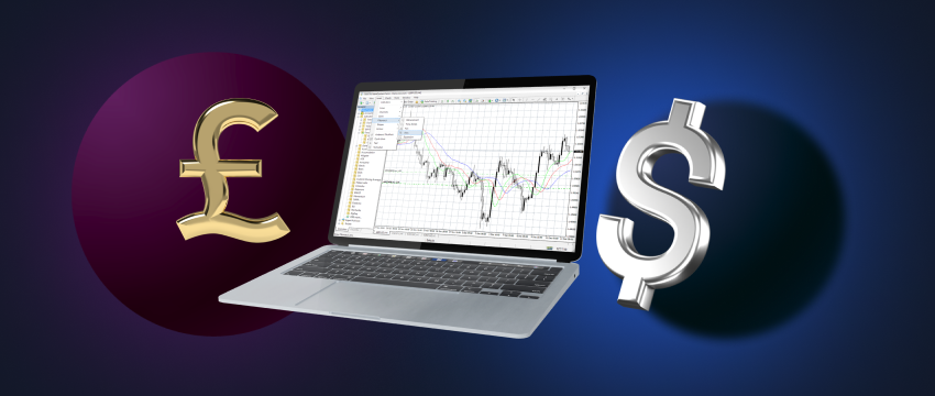 Image of forex trading setup featuring laptop and currency symbols for dollar and pound