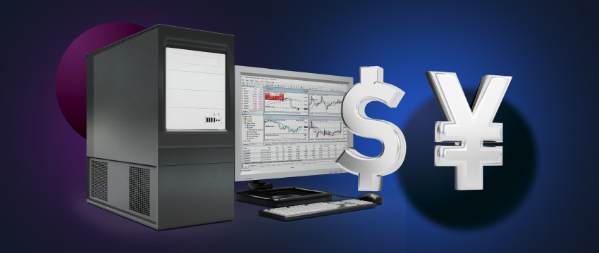 Image depicting trading with forex pairs, dollar and yen (currency symbol), and a trading platform on a PC.