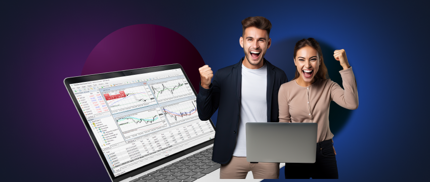 A man and a woman holding laptops with "binary options trading" displayed, utilizing MetaTrader 4 platform for trading.