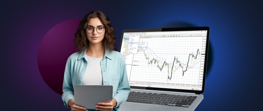 A woman holding a laptop displaying a chart on the screen, possibly related to the MetaTrader 4 platform.