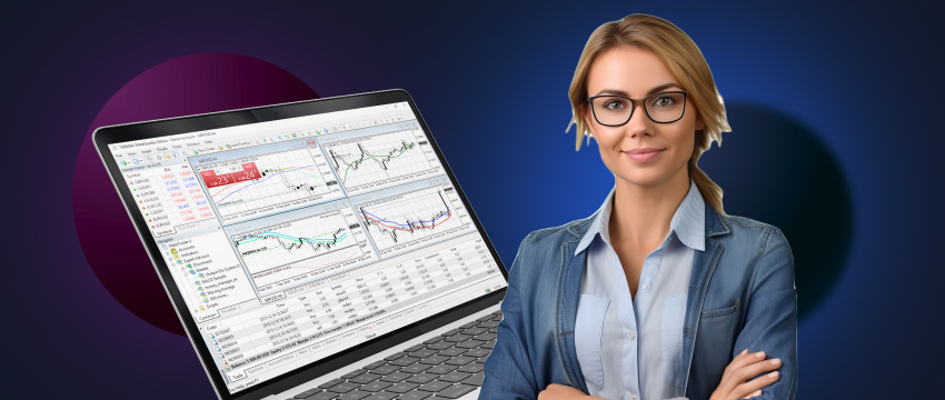 A woman in glasses standing in front of a laptop, working as a cfd trader on MT4 platform
