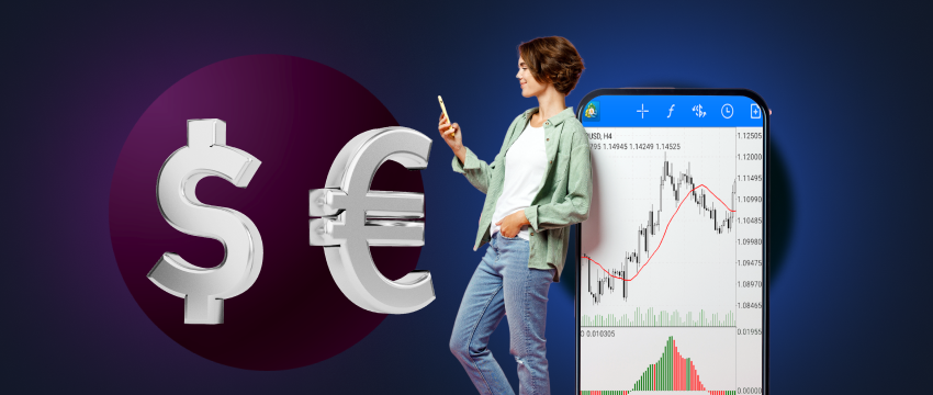 A mobile forex trading app for Android displaying currency pair rates, allowing profitable trading of dollars and euros.