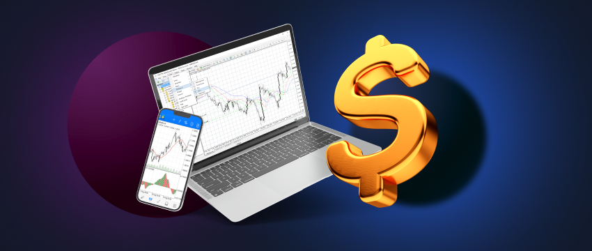 Forex trading activity on a laptop screen with a dollar sign symbolizing financial transactions.