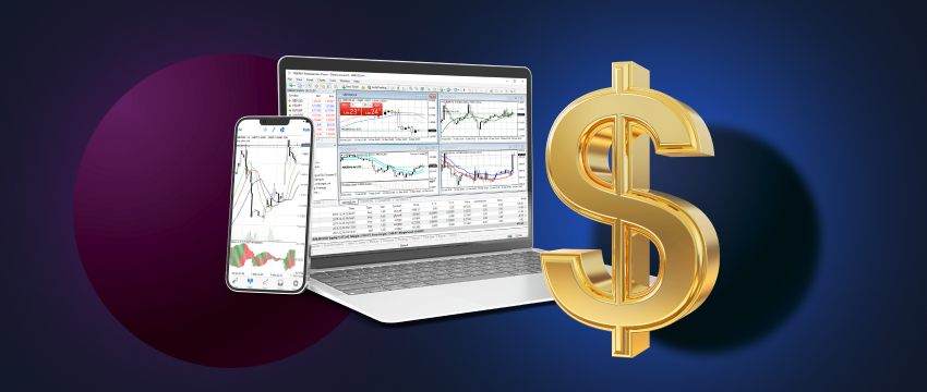 Forex trading: laptop displaying MT4 trading platform with dollar sign symbol. Tools for trading.
