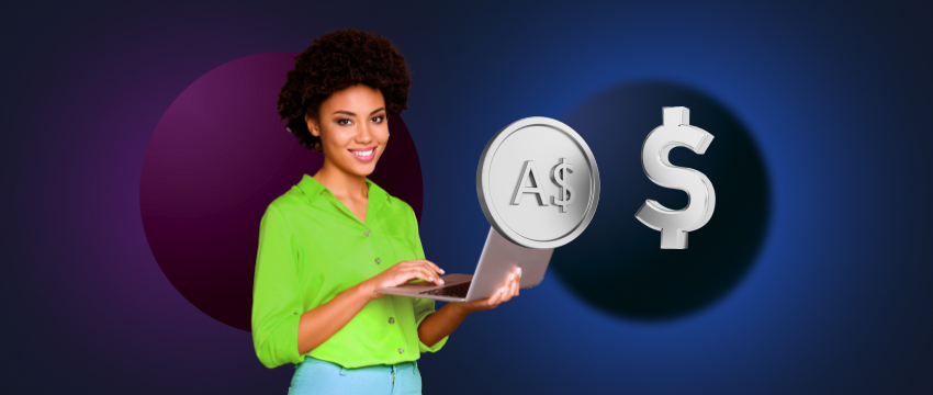 A businesswoman analyzing forex pairs on a laptop with a dollar sign and currency symbol on a dark background.