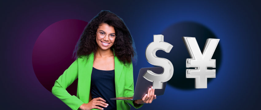 A businesswoman holding a dollar sign and currency symbol on a dark background, representing a woman trader dealing with yen and dollar currency pair.