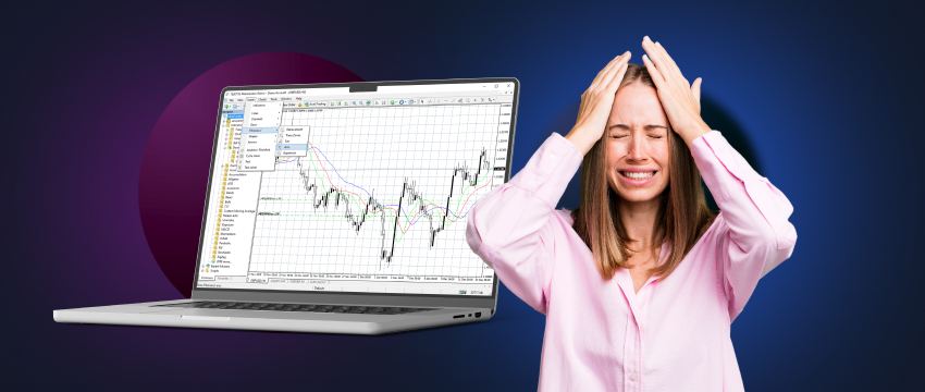 A stressed woman holds her head in front of a laptop displaying an open trading forex chart.