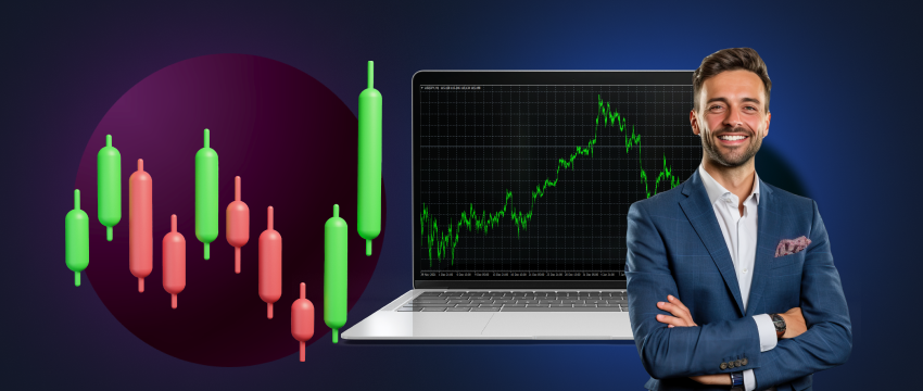 Businessman in suit beside laptop with indicator chart, engaged in forex trading on MT4.