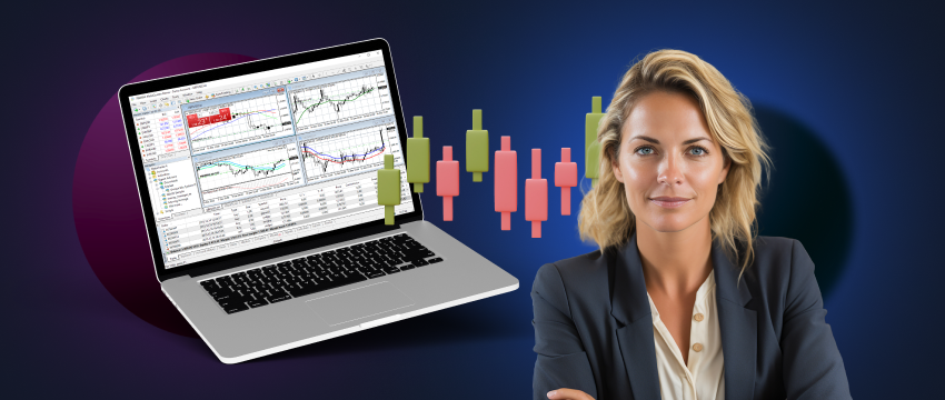 A woman analyzing a stock chart on her laptop screen, focusing on forex trading using the MT4 platform.