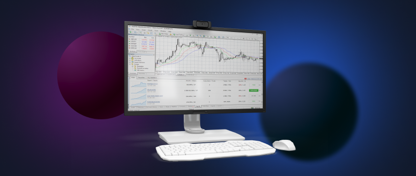 Computer monitor showing stock chart, compatible with MT4 platform, downloadable for PC.
