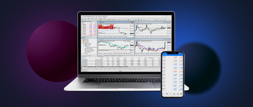 Laptop and phone displaying forex trading platform MetaTrader 4.