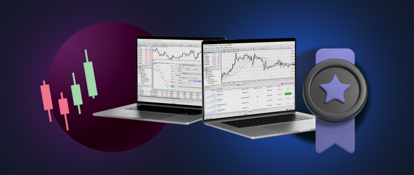 Two laptops displaying forex trading charts and a star symbol on MT4 platform.