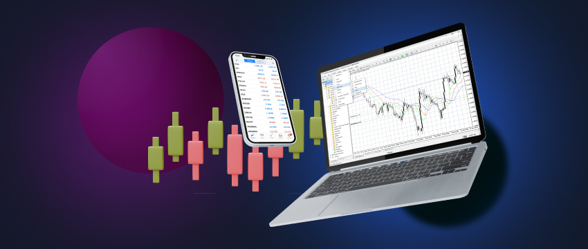 Laptop screen showing forex trading platform with candlestick charts and currency pairs