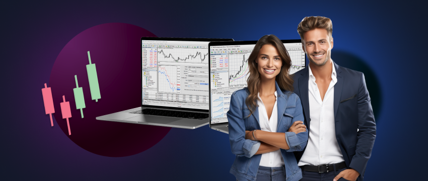 Two people standing next to a laptop displaying a stock chart on forex trader MT4 platform.