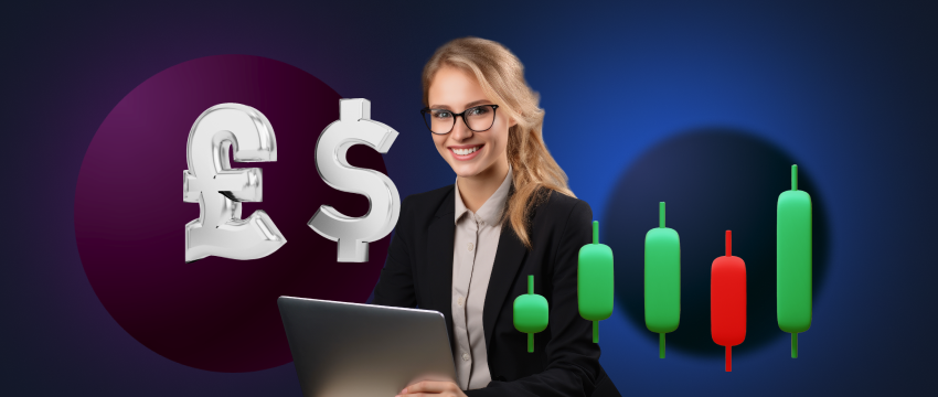 Image of a woman trader in glasses holding a laptop with a dollar sign, analyzing currency pairs.