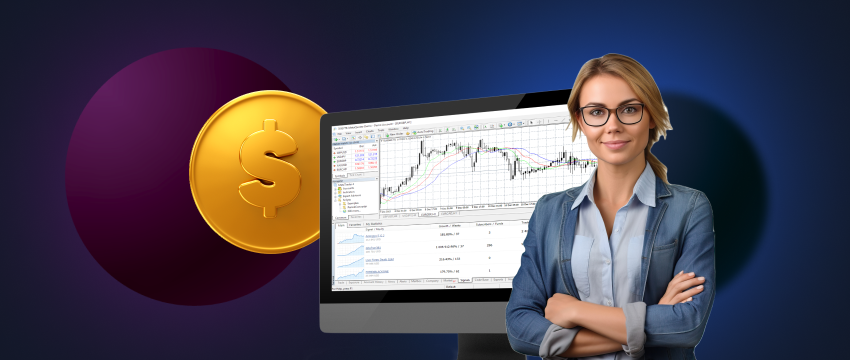 A successful female trader with glasses using Metatrader 4 on her computer, with a dollar coin on the screen.