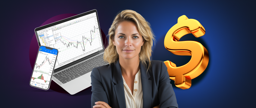 A business-suited woman displays a dollar sign, representing her success and expertise as a forex trader and broker.