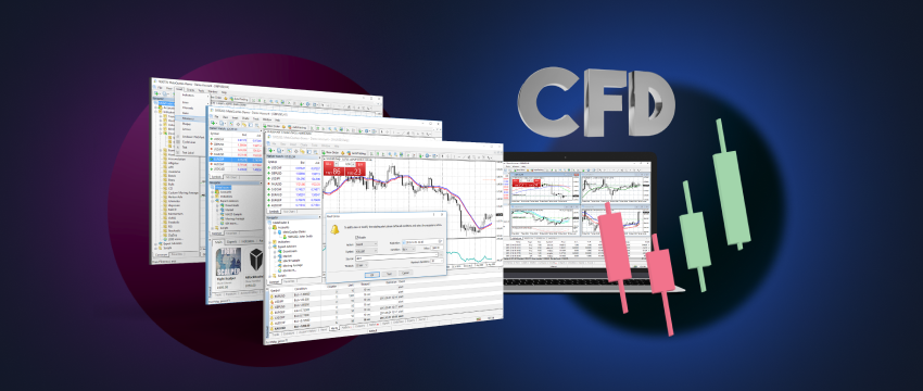 Plataforma de negociação de CFDs num computador portátil: Interface acessível que apresenta gráficos, indicadores e opções de negociação.