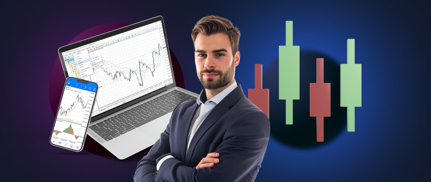 A suited man stands next to a laptop, analyzing forex trading charts and performance metrics.