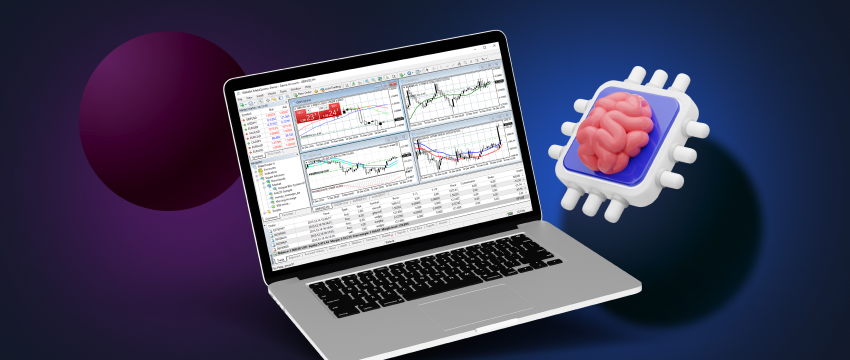 A laptop displaying Forex trading charts alongside a brain, symbolizing trading psychology in MetaTrader 4.