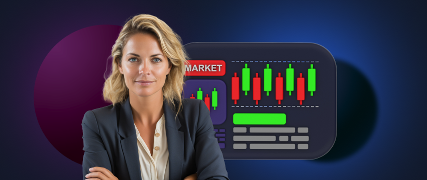 A professional woman in a business suit examines a stock chart on her app, symbolizing expertise in forex trading.