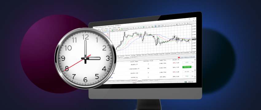 A clock and stock chart on a computer screen, highlighting trade timing for Forex on the MT4 platform.