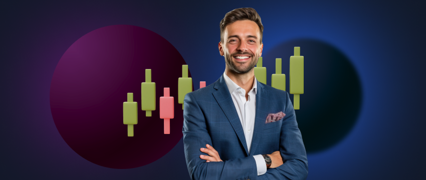 A man in a suit stands confidently before a vibrant bar chart, symbolizing trading strategies and market analysis.